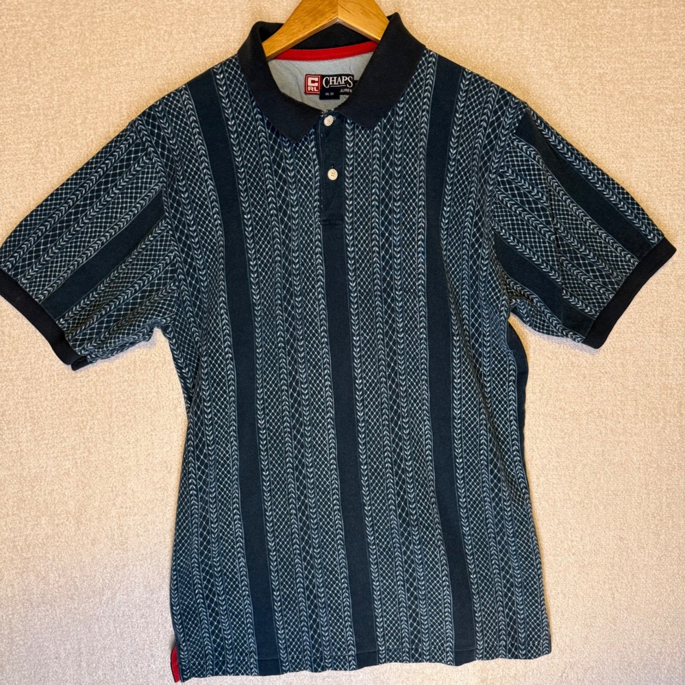 Vintage CHAPS Ralph Lauren Polo Shirt Men's XL Navy Blue Geometric Stripe Y2K